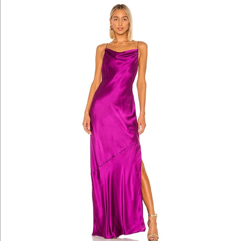 Cami NYC The Carla Purple Silk Slip Cowl Neck Open Back Maxi Gown Dress Revolve